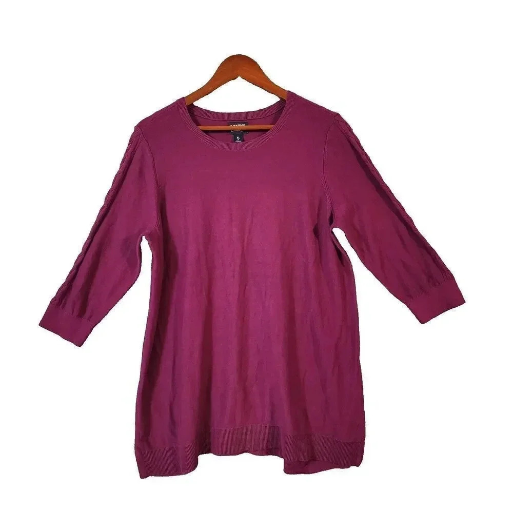 Lands' End Women's Berry Purple 3/4 Sleeve Round Neck Cotton Sweater Top Size XL